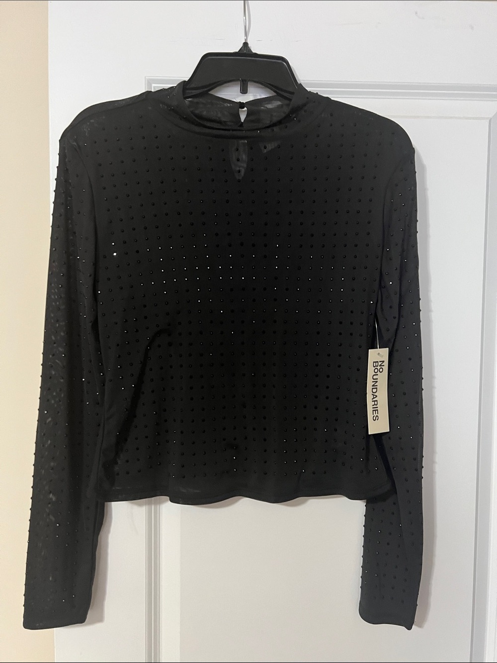 No Boundaries Black Rhinestone Mesh Long Sleeve Top